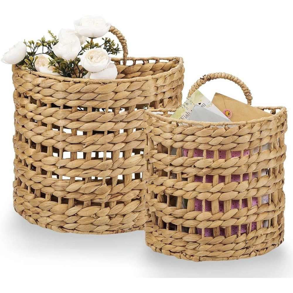 Set of 2 Wicker Hanging Basket Organizing Front Door Mail Flowers Woven Wall